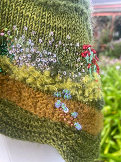 Embroidered Moss On Clothes, Moss Embroidery Clothes, Granola Crochet, Moss Outfit, Moss Cardigan, Embroidered Moss, Moss Clothing, Moss Panels, Moss Blanket