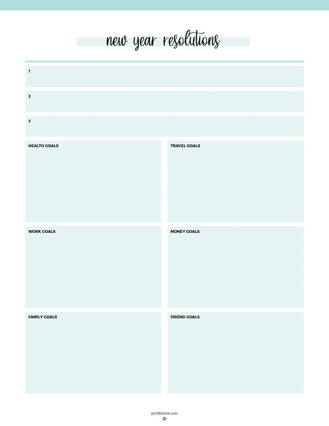 A New Year goal template with spaces for top three goals and sections for health, travel, work, money, family, and friend goals. New Year Goal Setting Template, 2025 Resolution Template, New Years Resolution List Template, New Year's Resolutions Template, 2025 Goals Template, New Years Goals Template, Goal List Template, New Years Resolution Template, Year Goals Template