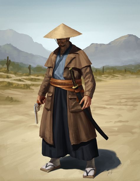 ArtStation - Cowboy Tanaka, Kenneth Sofia Cowboy Character Design, Samurai Clothing, Samurai X, Black Anime Guy, Shadow Warrior, Cowboy Outfits, Cowboy Art, Samurai Art, Cool Poses