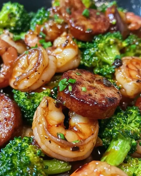 Honey Garlic Shrimp, Sausage & Broccoli - Delicious Recipes - Easy Cooking Ideas and Tasty Dishes Broccoli Shrimp And Sausage Recipe, Meals With Apple Chicken Sausage, Sausage And Broccoli Stir Fry, Shrimp Sausage And Broccoli, Kielbasa And Broccoli Recipes, Easy Shrimp And Sausage Recipes, Sausage Shrimp Broccoli Recipes, Shrimp Sausage Broccoli, Honey Garlic Sausage Recipes