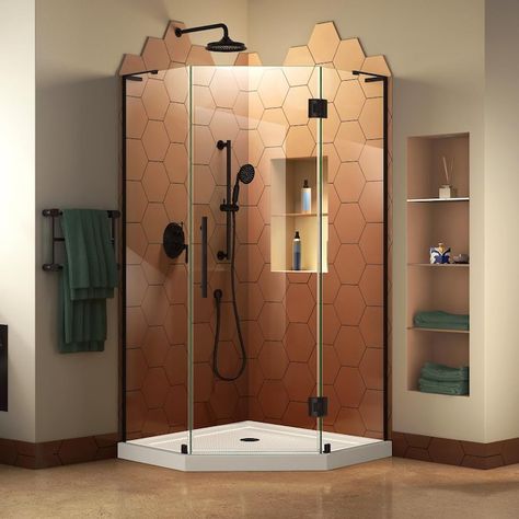 Small Upstairs Bathroom, Neo Angle Shower Enclosures, Dreamline Shower, Corner Shower Kits, Neo Angle Shower, Basement Bathroom Ideas, Oil Rubbed Bronze Hardware, Shower Stalls, Corner Shower Enclosures