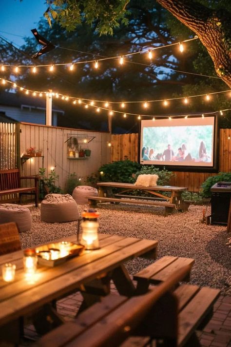 String Lights Backyard Ideas, Patio And Backyard Ideas, Stringing Lights In Backyard, Tiny House Patio Outdoor Spaces, Best Small Backyard Design, Light In Backyard, Patio Decorating Ideas With Pool, Backyard And Deck Ideas, Small Backyard Projects