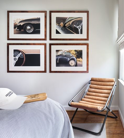 Project The Bones project recap in the boy’s bedroom. Where seersucker, baseball, and cars merge for a timeless aesthetic. Vintage Car Room, Vintage Car Bedroom, The Berkshire, Porthole Window, Cars Room, Car Bedroom, Timeless Aesthetic, Sling Chair, Wood Beds