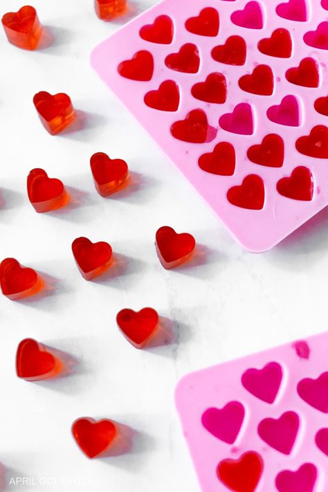 Valentine Heart Gummy Recipe - April Golightly Silicone Mold Desserts, Mold Desserts, Heart Gummies, Gummy Recipe, Valentines Day Baking, Silicone Molds Recipes, York Chocolate, Homemade Gummy Bears, Healthy Gummies