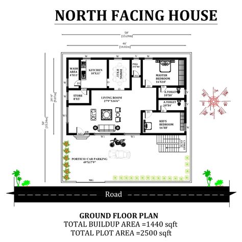 50'X50' North facing 2bhk Vastu house plan, - Cadbull North Facing House, Vastu House, Drawing Block, The Staircase, Puja Room, Kid's Bedroom, Autocad, Architecture Details, House Plan