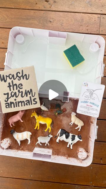 Emma on Instagram: "Wash the Farm Animals 🧼 🐖 🐄   A big hit with both the kids today (almost 2 and 4) for the ultimate messy play experience!! Mr 1 loves farm animals so I set this up with his interests in mind in our @kingdomplayroom Carry Play Table in our outdoor area.  I used the Muddy Oobleck recipe from @theplaycard_co for some taste safe mud.   To make Muddy Oobleck just mix:  2 and 1/2 cups of cornflour 3 tbsp of cocoa 1 cup of water   Make sure you SAVE this for future inspo!   @kingdomplayroom Discount Code: CREATIVE10 @theplaycard_co Discount Code: creative *Aff links in Linktree in bio ✨   #kingdomplayroom #messyplayanyway #messyplay #sensoryplay #sensoryplayideas #sensoryplaytime #oobleck #playideas #learningthroughplay #playbasedlearning #playtolearn #inspireuswithyourplay Messy Play Farm Animals, Farm Animal Set Up, Farm Messy Play, Mud Oobleck, Taste Safe Mud, Kids Messy Play, Messy Play Ideas, Oobleck Recipe, Farm Sensory Bin