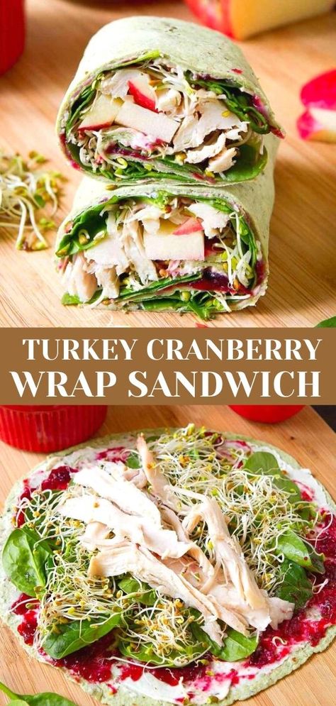 Turkey, cranberry and vegetable wrap sandwich. Apple, broccoli sprouts and bowls in the background. Sandwich Wraps Recipes, Turkey Cranberry, Cold Sandwiches, Healthy Wraps, Sandwich Wraps, Cold Lunches, Lost 100 Pounds, Quit Drinking, Healthy Sandwiches