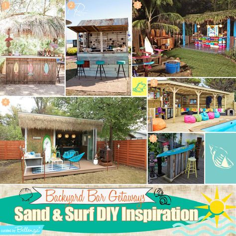 Surf Themed Backyard Bar Beach Getaways to Inspire You #backyardgetaways #backyardbeach #summerbackyardpatio Rustic Sheds, Beach Theme Backyard, Coastal Bar, Themed Backyard, Diy Ponds Backyard, Backyard Movie Theaters, Creative Backyard, Galvanized Roofing, Boho Beach House