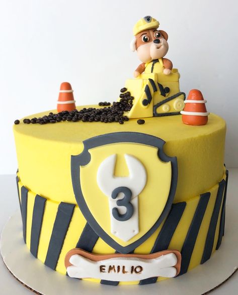 Rubble Paw Patrol Cake  by Esther Paredes Construction Paw Patrol Birthday Party, Rubble Construction Cake, Paw Patrol Rubble Birthday Cake, Rumble Cake, Paw Patrol Cake Rubble, Rubble And Crew Birthday Cake, Paw Patrol Rubble Birthday Party, Rubble Cake Paw Patrol, Rubble Paw Patrol Party Ideas