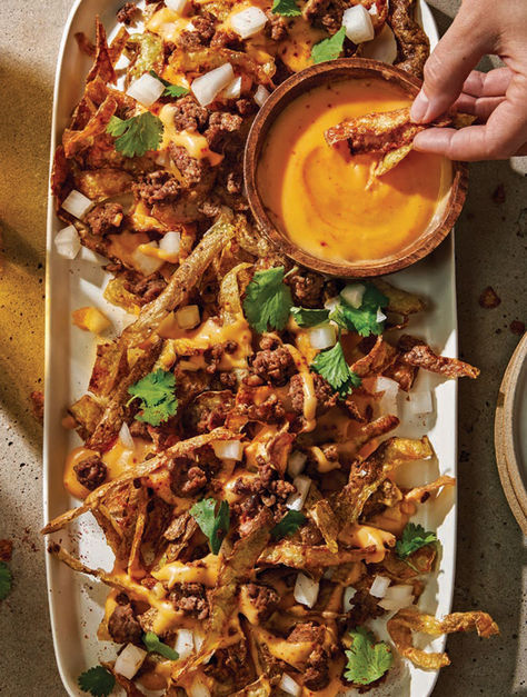 Recipe Detail Page | LCBO Fall Nachos, Spicy Cheese Sauce, Cheesy Nachos, Green Bin, Spicy Cheese, Nachos Recipe, Snack Table, Peeling Potatoes, Autumn 2024