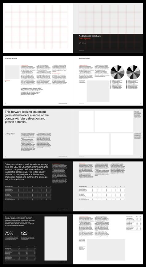 A4 Business Brochure / Report Grid System for InDesign. Shows visible grid system. Report Design Landscape Layout, Swiss Style Presentation Design, Swiss Style Brochure, A4 Landscape Layout Design, Design Report Layout, A4 Portfolio Layout, Landscape Report Design, Landscape Book Layout, Landscape Magazine Layout