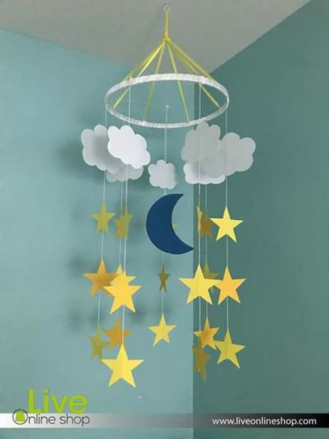 Mobile Images, Paper Mobile, Mobile Nursery, Ramadan Crafts, Paper Handmade, Baby Crib Mobile, Yellow Paper, Nursery Mobile, Paper Stars