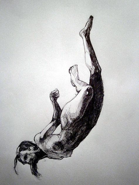 Human Falling Drawing, Woman Falling Reference, Falling Figure Drawing, Woman Falling Drawing, Man Falling Drawing, Falling Drawing, Space Drawings, Person Drawing, Yellow Wall