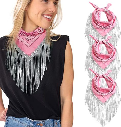 Amazon.com: AWAYTR Sparkly Fringe Bandanas Disco Cowgirl Bachelorette Bandana Last Disco Party Nashville Bandanas with Tassel Trim Head Bandana for Women and Men (Pink*3) : Clothing, Shoes & Jewelry Last Rodeo Party, Last Disco Party, Texas Bachelorette, Disco Cowgirl Bachelorette, Disco Party Outfit, Last Disco, Disco Bachelorette, Outfit Western, Nashville Outfit