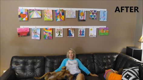 I am NOT a decorator, but I had to do something about our living room wall.   Be sure to check out the video - it's pretty funny.   We love to display our kids' artwork, but this is just sad.  Something had to be done.I removed all of the artwork from the wall.   I purchased two "select pine" boards at Home Depot, and painted them with leftover trim paint.  Let them dry overnight.   Yes, you can purchase white clothespins, but I was afraid that they wouldn't be the same shade of white.… Diy Canvas Frame, Light Up Canvas, Displaying Kids Artwork, Mother Daughter Projects, Art Display Kids, Room Inspired, Hanging Bedroom, Mesh Wreath Tutorial, Wall Displays