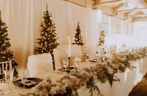 Head Table Winter Wedding, Christmas Head Table Wedding, Winter Wedding Background, Winter Wedding Head Table Backdrop, December Wedding Ceremony Decor, Christmas Wedding Backdrop Ideas, White And Gold Christmas Wedding, White Christmas Wedding Ideas, February Winter Wedding