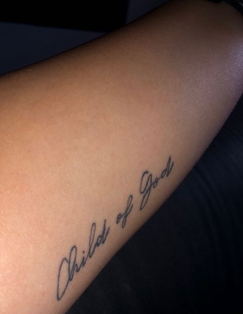 #tattoo #cursivetattoo #childofgodtattoo Gods Child Tattoo, Gods Child, Child Tattoo, Cursive Tattoos, Tattoos Cute, Collar Bone, Stick And Poke, Tattoos For Kids, Child Of God