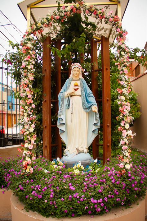 Virgin Mary Statue Garden, Virgin Mary Shrine, Marian Garden, Grotto Design, Front Yard Flowers, Gardening Design Diy, Garden Planning Layout, Prayer Garden, Catholic Altar