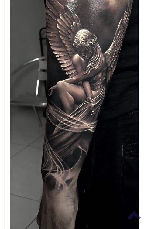 Realistic Dove Tattoo, Couple Tats, Angel Sleeve Tattoo, Christus Tattoo, Suit Tattoo, Fallen Angel Tattoo, Guardian Angel Tattoo, Chest Ideas, Tattoo Patterns