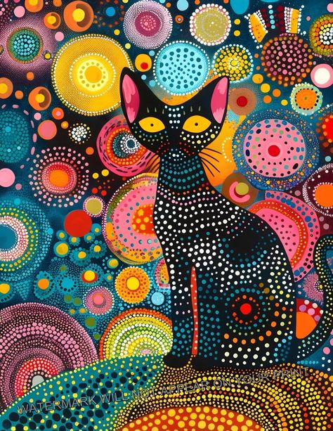 Black Cat Pink Yellow Abstract Whimsical Modern Pointillism Dot Art Print 8.5X11 | eBay Folk Art Cat, Whimsical Art Paintings, Modern Folk Art, Painted Rock Animals, Matchbox Art, Yellow Abstract, Whimsical Cats, Unique Poster, Dot Art Painting