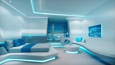 Futuristic Hotel, Futuristic Rooms, Ikea Wall Decor, Futuristic Living Room, Clinic Reception, Futuristic Room, Futuristic Bedroom, Hotel Room Interior, Futuristic House