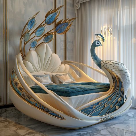 Peacock Dreams: Luxurious Beds Inspired by This Majestic Bird Unusual Beds, Peacock Bedding, Peacock Room, Mandir Decoration, Mystical Animals, Chair Design Modern, Royal Furniture, Peacock Theme, Chair Designs