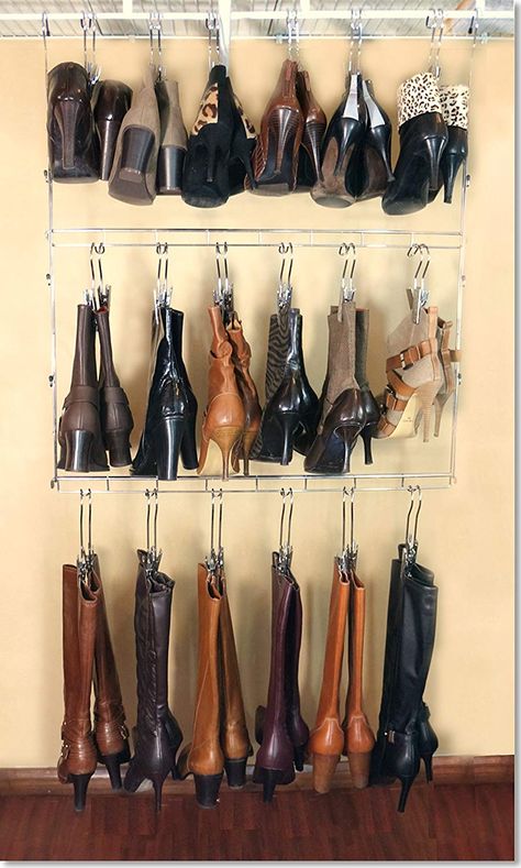 12 brilliant shoe storage ideas that will keep your footwear organized - Living in a shoebox Boot Hanger, Boot Organization, Diy Shoe Rack, Boot Rack, Boot Storage, Hanging Shoe Organizer, Hanging Shoes, Silver Boots, Hanger Rack