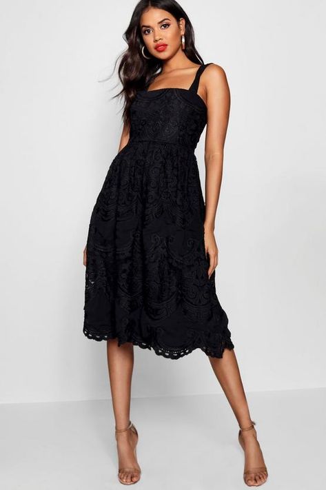 El Embroidered Square Neck Midi Skater Dress - boohoo party dress, little black dress, LBD Little Black Lace Dress, Midi Skater Dress, Brazilian Body Wave, Scallop Trim, Boutique Dress Designs, Boutique Dress, Korean Outfits, Pop Fashion, Dress Designs