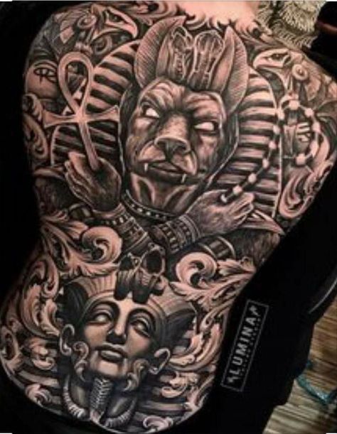 Tato Maori, Africa Tattoos, Backpiece Tattoo, Egyptian Tattoo Sleeve, Anubis Tattoo, Back Piece Tattoo, Egypt Tattoo, Full Back Tattoos, Pieces Tattoo