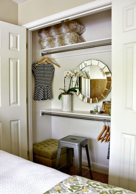 guest room closet  - vanity in a closet Vanity In A Closet, Closet Vanity Ideas, Guest Room Closet, Tiny Guest Room, Airbnb Bedroom, Guess Room, Guest Room Colors, Closet Vanity, Dream Closet Design