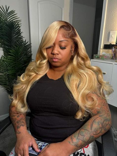 Blondes have more fun ✨ Service : Frontal Wig Install x Roots x Tone 613 Link in Bio or Check Profile Blonde And Brown Roots Wig, Brown Rooted Blonde Hair, Black Roots With Brown Hair, 613 Brown Roots Frontal, 613 Frontal Wig Hairstyles, Colored Frontal Wig Hairstyles, Dark Roots Honey Blonde Hair, Blonde Hair Frontal Wig, 613 With Brown Roots Wig