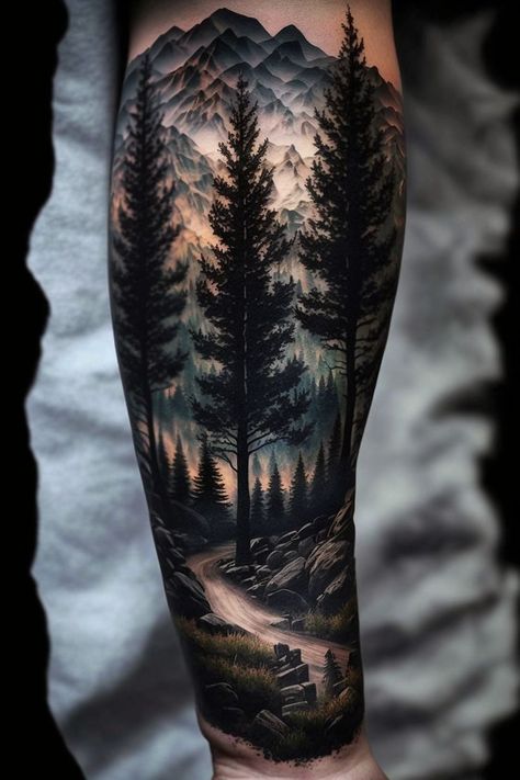 Forest Tattoos Women, Goth Symbols, Individual Tattoo, Forest Tattoo Sleeve, Arm Cover Up Tattoos, Natur Tattoo Arm, Tree Sleeve, Mountains Tattoo, Flowers Tattoos