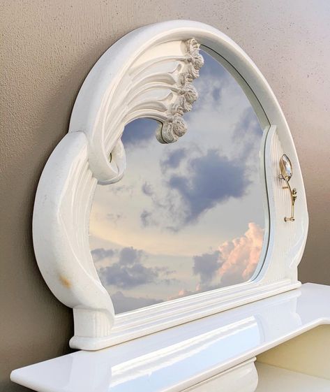 italian lacquered vanity dresser with a cloud shaped mirror    late 80s/early 90s 80s Mirror, Roadside Memorial, Minke Whale, Cloud Mirror, Vanity Dresser, Shaped Mirror, Late 80s, Hotel Pool, Cloud Shapes