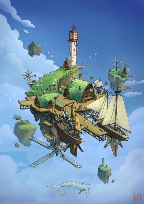 Air Concept Art, Flying Island Art, Hypixel Skyblock Island Ideas, Minecraft Sky Island, Skyblock Island Ideas, Floating Island Minecraft, Foggy Island, Kodama Tattoo, Sky Whale