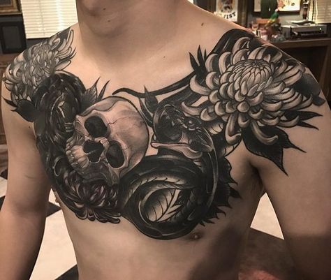 Flower and skull chest tattoo - 75 Nice Chest Tattoo Ideas Chest Tattoo Clouds, Skull Chest Tattoo, Badass Tattoo Ideas, Chest Tattoo Birds, Chest Tattoo Wolf, Chest Tattoo Flowers, Chest Tattoo Wings, Mandala Chest Tattoo, Owl Tattoo Chest