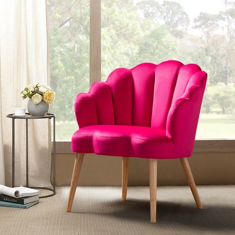 Flora Scalloped Velvet Arm Chair with Tufted Back in Pink - Walmart.com - Walmart.com Velvet Arm Chair, Velvet Accent Chair, Upholstered Accent Chairs, Modern Accent Chair, Upholstered Side Chair, Velvet Armchair, Modern Accents, Barrel Chair, 6 D