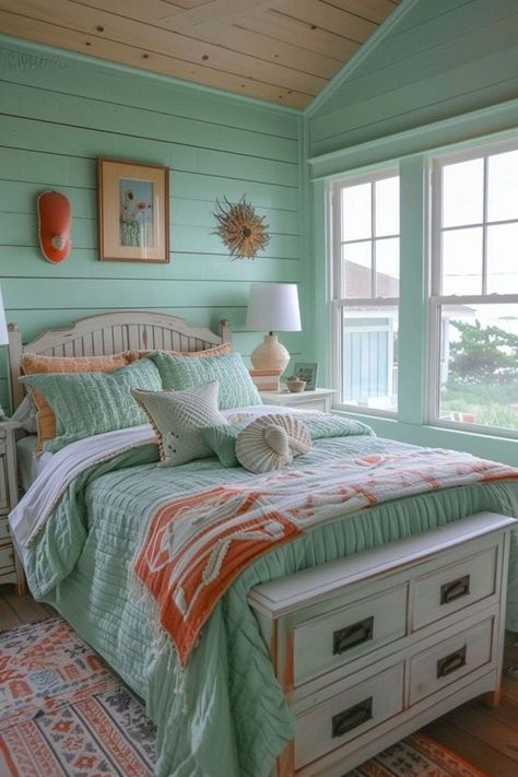 Green And Terracotta Bedroom, Terracotta Bedroom Ideas, Airy Curtains, Aqua Bedroom, Aqua Bedrooms, Terracotta Bedroom, Green And Terracotta, Coastal Green, Urban Bedroom