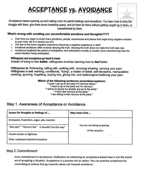 stuff-i-got-in-therapy: “ACCEPTANCE VS. AVOIDANCE WORKSHEET Practice for ACT principles. ” Acceptance And Commitment Therapy, Counseling Worksheets, Clinical Social Work, Dialectical Behavior Therapy, Counseling Psychology, Mental Health Therapy, Mental Health Counseling, Counseling Activities, Therapy Resources