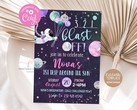 Space Invitation, Galaxy Party, Pink Space, Space Birthday Party, 2nd Birthday Invitations, Theme Template, Fourth Birthday, Space Girl, Space Birthday