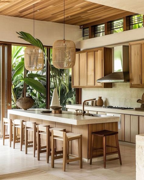 Tropic Interior Design, Resort Kitchen Design, Tropical Inspired Kitchen, Kitchen Open Design, Tropical Interior Design Kitchen, Kitchen Interior Boho, Kitchen Tropical Design, Tropical Kitchen Design Ideas, Bali Style Home Kitchen