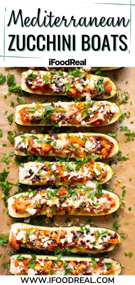 These Mediterranean Zucchini Boats are super tasty with a satisfying flavor! They're great for when you're craving something light and delicious. They're stuffed with peppers, tomatoes, olives, feta, and then they're baked in the oven until they're perfectly warm and flavorful. Try these zucchini boats today and customize them how you like! Zucchini Boats Mediterranean, Greek Zucchini Boats, Mediterranean Zucchini Boats, Stuffed Zucchini Boats With Ricotta And Spinach, Mediterranean Diet Stuffed Peppers, Healthy Stuffed Zucchini Boats, Baked Stuffed Zucchini Boats, Zuchini Boats Baking Recipes, Mediterranean Zucchini Recipes