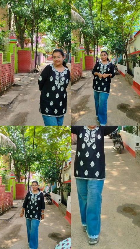 chikankari short kurtis and jeans Black Short Kurti With Jeans, Baggy Jeans With Kurti, Kurti With Baggy Jeans, Short Kurti And Jeans, Black Kurti With Jeans, Kurti With Jeans Outfit, Short Kurti With Jeans Outfit, Short Kurti With Jeans, Kurti Poses