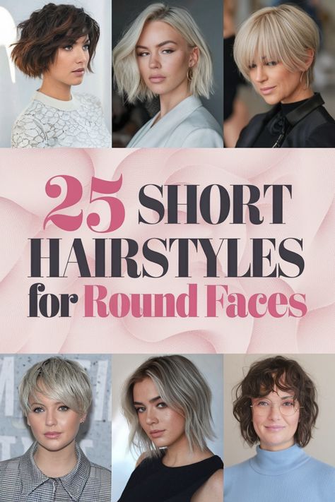 25 short hairstyles for round faces, featuring six women's hairstyles. Short Fine Hair For Round Face, Haircut Style For Round Face Girl, Short Haircut For Round Face Girl, Hair Styles Round Face Over 50, Short Haircuts For A Round Face, Short Haircuts For Women With Round Face, Flattering Short Hair For Round Faces, Medium Length Hairstyles For Round Faces, Short Hairstyles For Round Faces Over 50