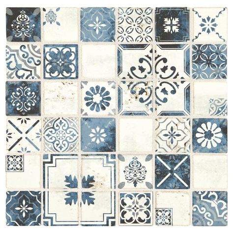 Transitional Tile, Travertine Mosaic Tiles, Stone Look Wall, Blue Mosaic Tile, Travertine Wall Tiles, Fireplace Facade, Floral Pattern Wallpaper, Moroccan Blue, Stone Look Tile