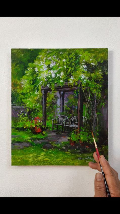 Bench Landscape, Garden Painting Art, Flowers Morning, Acrylic Inspiration, Texture Paintings, Big Painting, Greenery Flowers, Paper Garden, Acrylic Painting Flowers