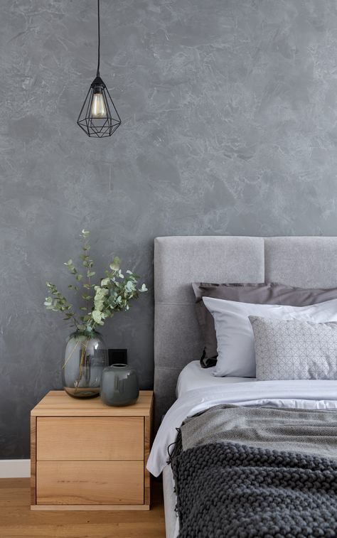 Concrete Wall Bedroom, Bedroom Bedside Table Ideas, Concrete Bedroom, Bedside Table Ideas, Design Ložnic, Concrete Effect Paint, Dekorasi Kamar Tidur, Belek, Bedroom Bedside Table