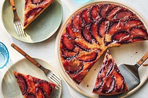 Plum Upside-Down Cake — Southern Living Plum Upside Down Cake Recipes, Upside Down Cake Recipes, Plum Upside Down Cake, Skillet Corn, Corn Cake, Upside Down Cake, Fruit Desserts, Southern Living, Bread Baking