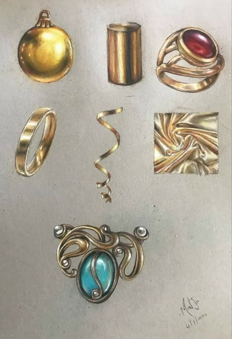 How To Draw Gold Jewelry, Silver Drawing, Colored Pencil Patterns, How To Draw Jewelry, Drawing Gold, How To Shade Jewelry Digital, Jellewery Design Drawing, Jewellery Sketchbook Ideas, Jewel Drawing Sketches