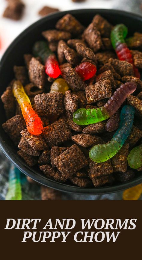 This Dirt and Worms Puppy Chow is a no bake dessert recipe that makes a creepy-crawly Halloween treat! It’s easy to make and filled with crushed Oreo “dirt” and gummy worms! Halloween Muddy Buddy Recipe, Dirt And Worms Dessert, Halloween Puppy Chow, White Trash Snack Mix, Dirt And Worms, Dirt Recipe, Halloween Dirt, Candy Corn Recipe, Easy Dessert Recipes Christmas