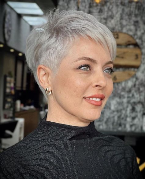 Elegant Gray Pixie with Side Undercut Silver Hair Pixie Haircut, Back Of Pixie Haircut Neckline, Silver Pixie Haircut, Side Undercut, Super Short Pixie Cuts, Gray Pixie, Sashay Scarf, Pixie Haircut Fine Hair, Shaved Pixie